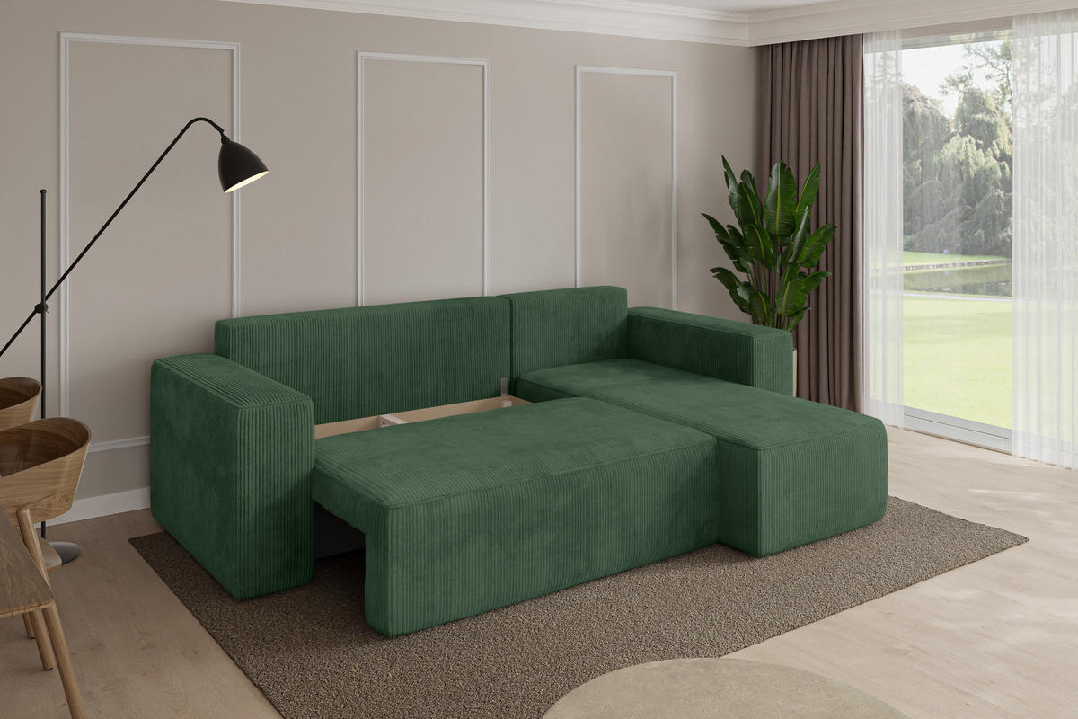 ROHOVÁ SEDAČKA s funkcí spaní, otoman vpravo SENO-L 249x139x85 zelená manšestr - černá/tmavě zelená, kompozitní dřevo/textil (249/139cm) - ALTDECOR