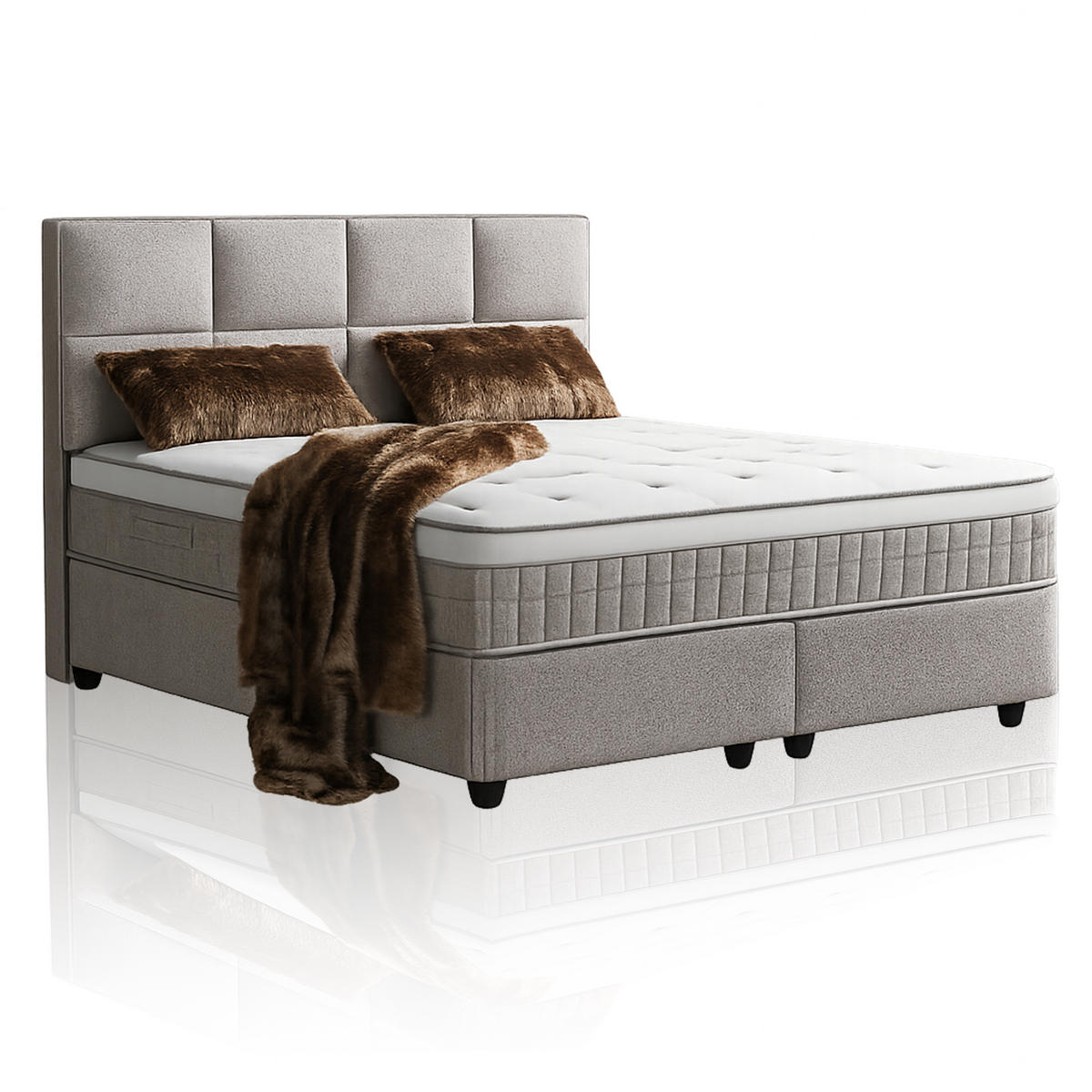 BOXSPRINGBETT MIT BETTKASTEN ARIANA 120/200 cm, Greige, mit Leuchten, Bettkasten, Matratze, Topper integriert, H3 mittel - Greige/Schwarz, Holz/Kunststoff (120/200cm) - Consilio Concept