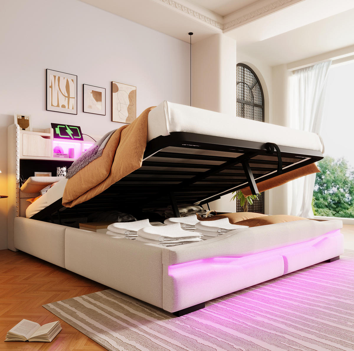 ČALOUNĚNÁ postel 160/200 cm béžová z lnu s úložným prostorem a LED osvětlením - béžová, textil (160/200cm) - OKWISH
