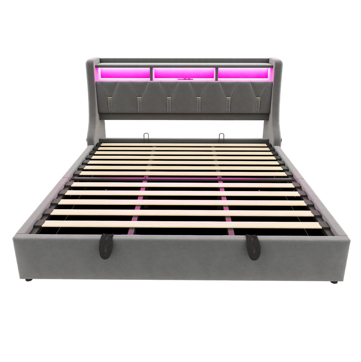 POLSTERBETT 180/200 cm Grau aus Samt mit Bettkasten, LED-Beleuchtung und USB - Grau, Textil (180/200cm) - Flora Grace