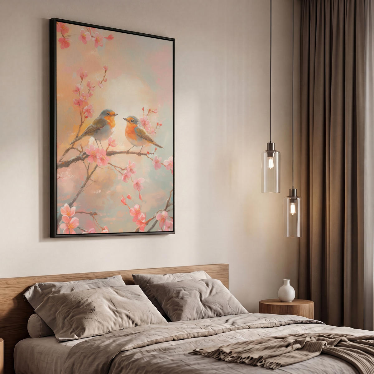 LEINWAND Bilder mit Rahmen - Rotkehlchen - Zierpflanze - Blütenzweig - 60x90 - Hellrosa, Textil (60/90cm) - MuchoWow