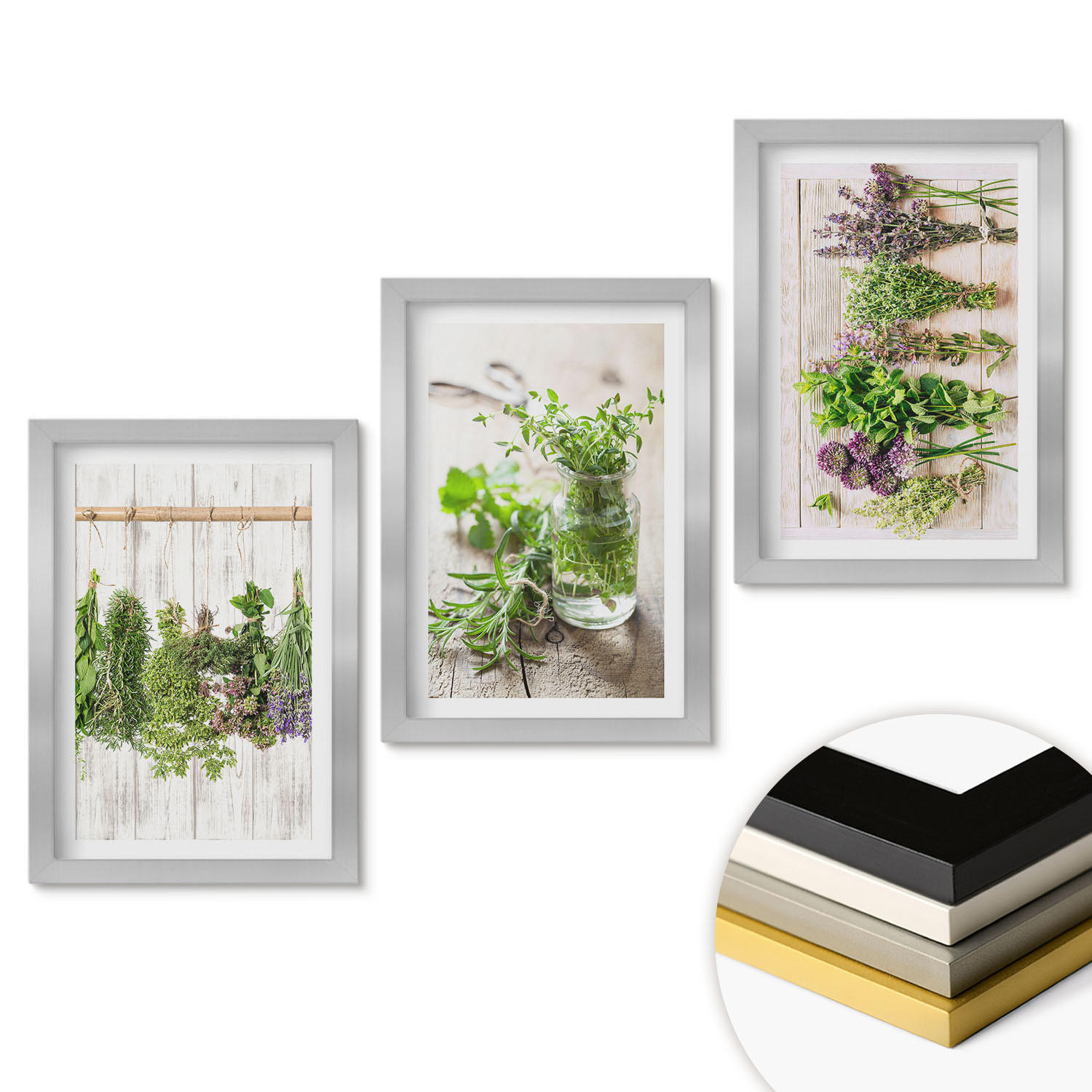 WANDBILDER 3er Set - 20x30 cm Silberner Rahmen - Kräuterpflanzen für die Küche - Silberfarben, Kunststoff (20/30cm) - ArtPrintCave