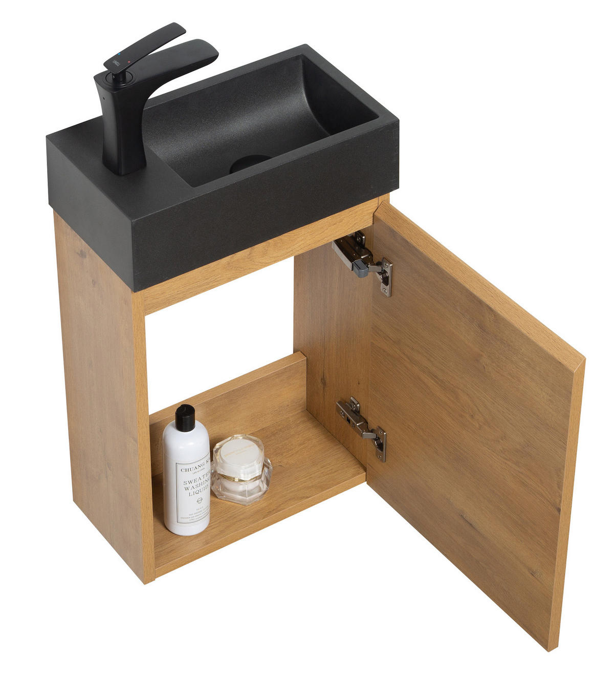 GÄSTE-WC-MÖBELSET Angela 2 Teile Eiche - Schwarze Waschbecken - 40 x 22 x 64 cm - Eichefarben/Schwarz, Holz (40/52/22cm) - Badplaats