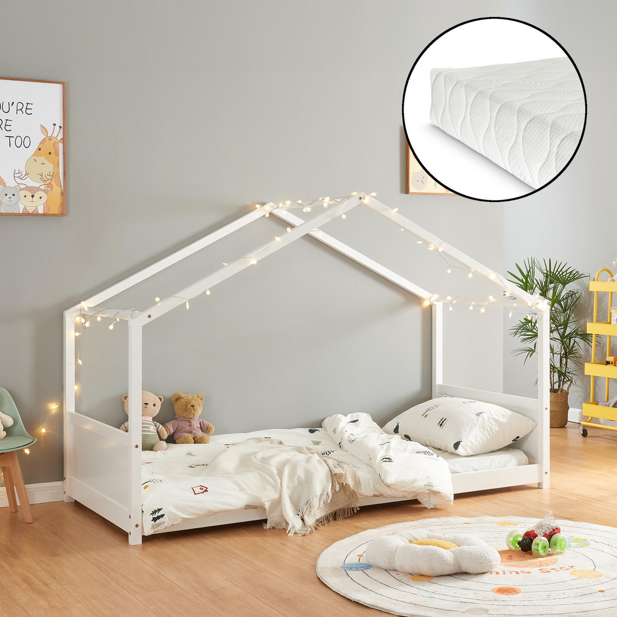 KINDERBETT Simo mit Matratze - Weiß, Holz (90/200cm) - [en.casa]