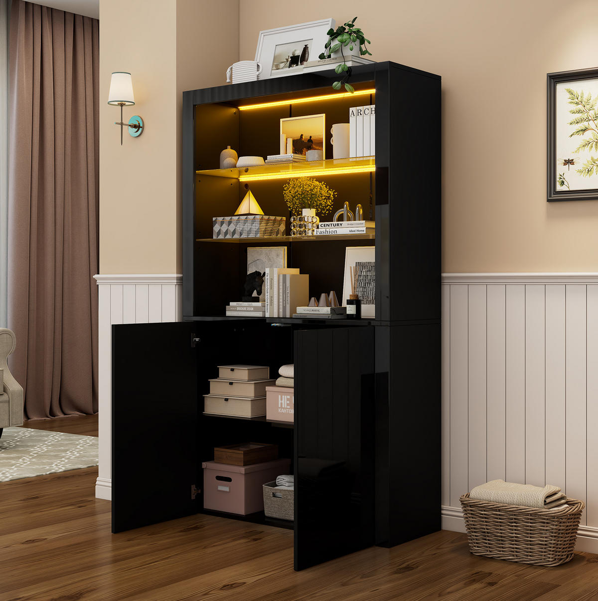 VITRINE 100/35/170 cm Schwarz aus MDF, Spanplatte und Glas mit LED-Beleuchtung - Schwarz, Holzwerkstoff (35/170/100cm) - OKMYHOME