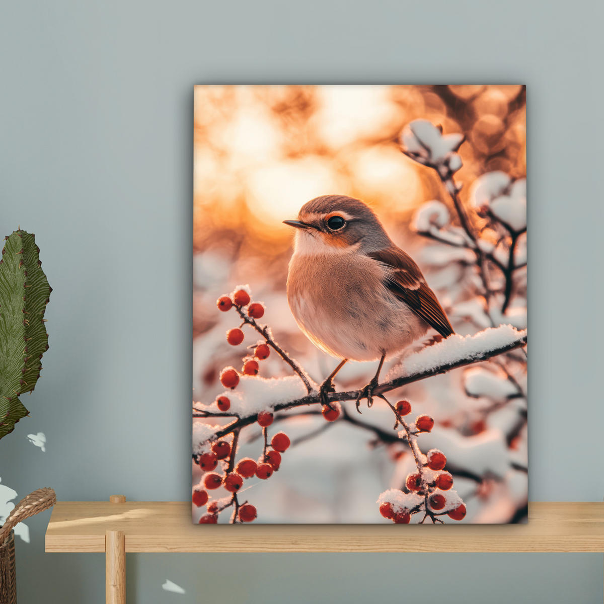 LEINWANDBILD Vogel - Zweig - Winter - Tiere - Schnee 30x40 cm - Bernsteinfarben, Textil (30/40cm) - MuchoWow