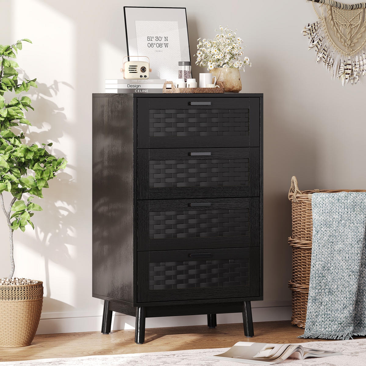 KOMMODE 4 Schubladen, PVC Rattanoptik, 55x40x95 cm, Holzfüße, Anti-Kipp, schwarz - Schwarz, Holz (55/95/39.8cm) - EuroLiving
