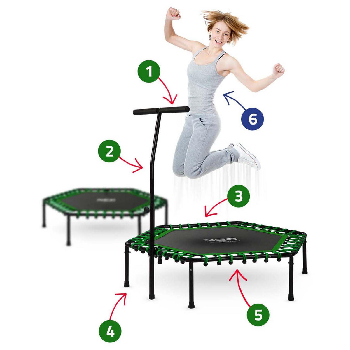 FITNESS-TRAMPOLIN mit Haltegriff 127 cm – sechseckig, grün - Grün, Metall (127/127cm)