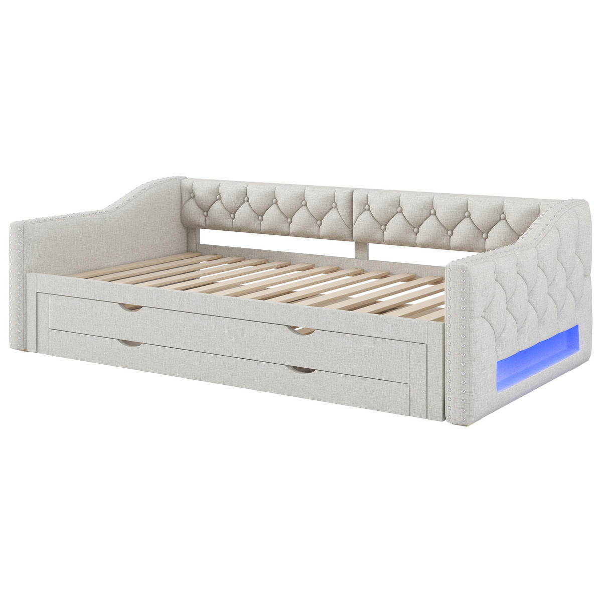 POLSTERBETT 90x200cm, LED, Ausziehbett, 3 Schubladen, gepolstert, Beige - Beige, Textil (90/200cm)