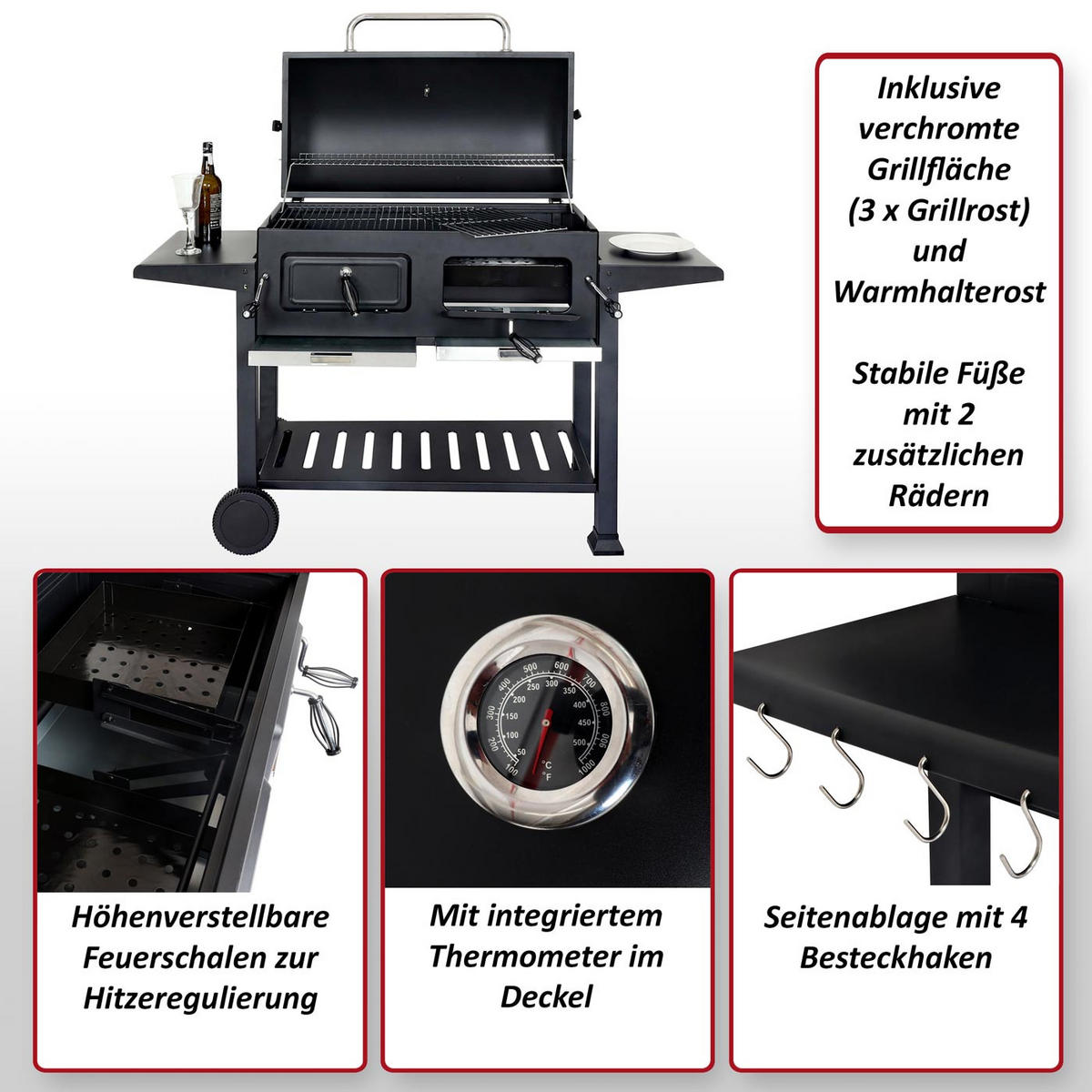 HOLZKOHLEGRILL Schwarz - Schwarz, Metall (153/133/60cm) - MCW