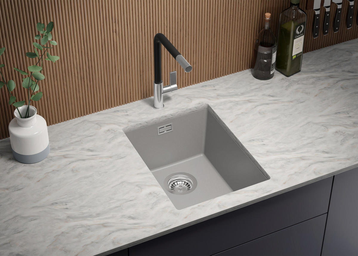 UNTERBAUSPÜLE GRANIT London, 2-er set Grau 36/47 cm 1 Becken + Küchenarmatur 40/20 cm + Ablauf-Set ab 40er Unterschrank - Chromfarben/Grau, Kunststoff (36/20/47cm) - Primagran