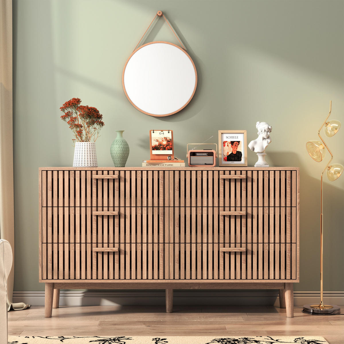 HOLZKOMMODE 6 Schubladen 100/34/73 cm,Schubladenschrank für Wohnzimmer und Schlafzimmer - Eichefarben, Holz (34/91/100cm) - PARAFTA HOME
