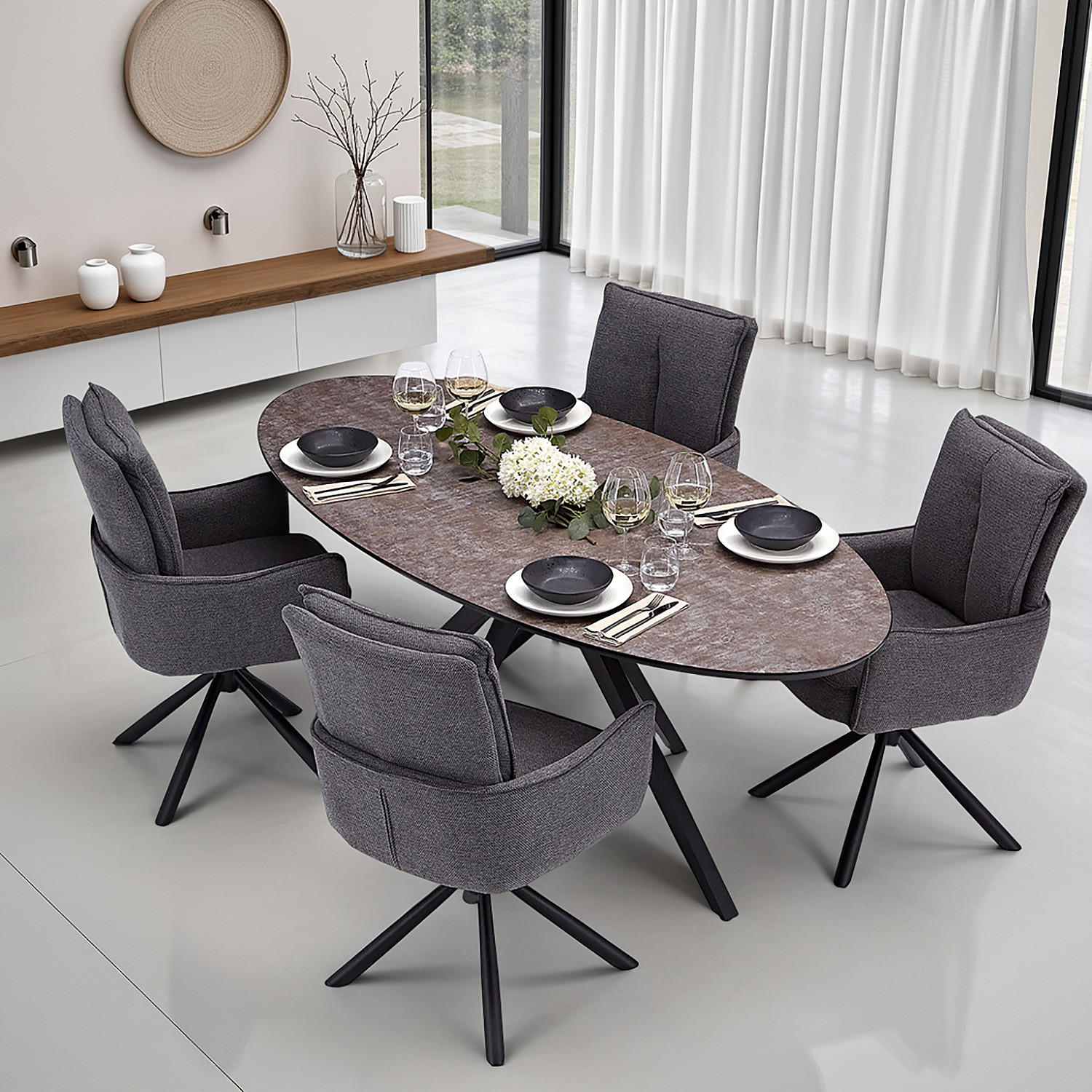 TISCHGRUPPE oval braun schwarz mit 4 Stühle Anthrazit - Anthrazit/Braun, Metall (95/94/200cm) - Homestyle4u