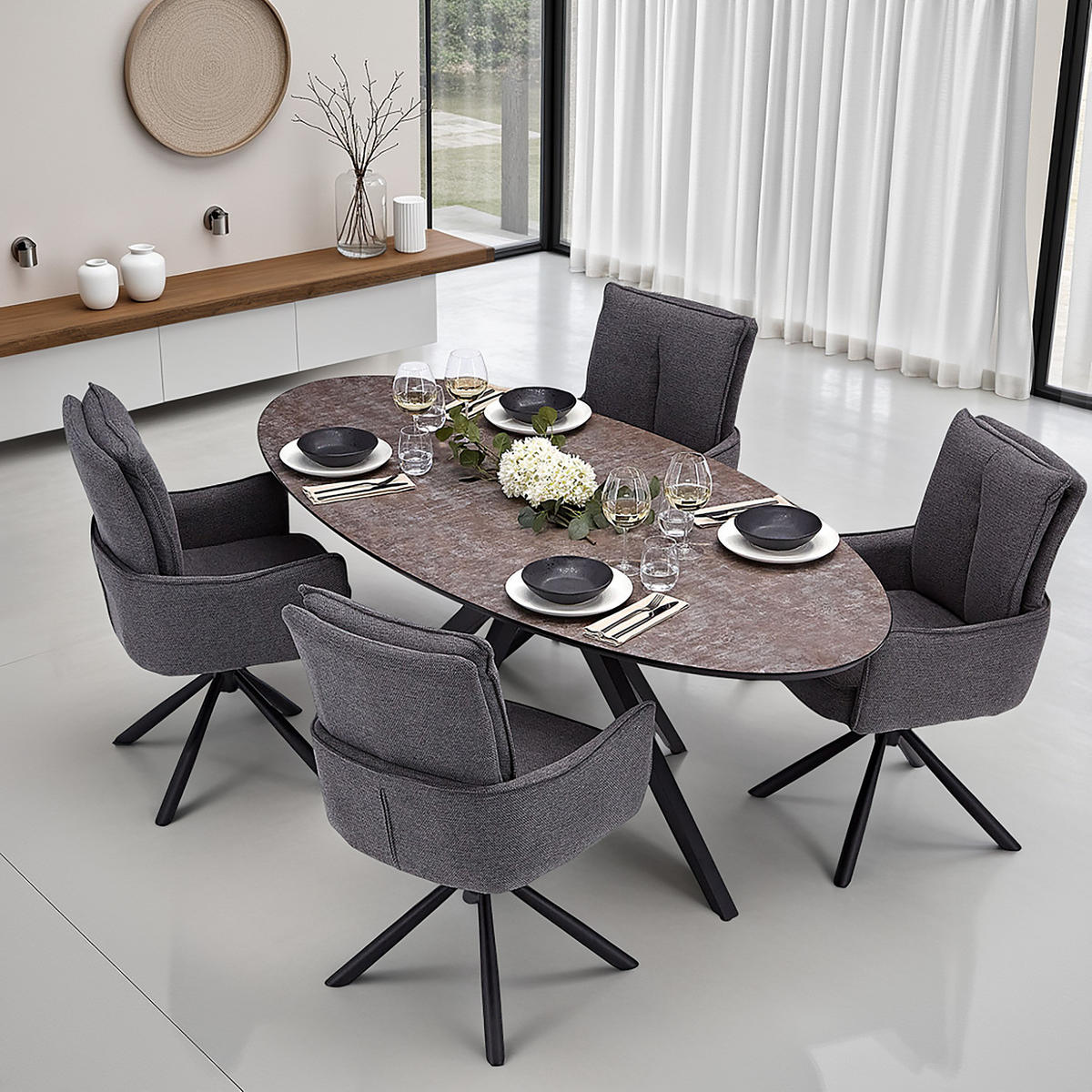 TISCHGRUPPE oval braun schwarz mit 4 Stühle Anthrazit - Anthrazit/Braun, Metall (95/94/200cm) - Homestyle4u