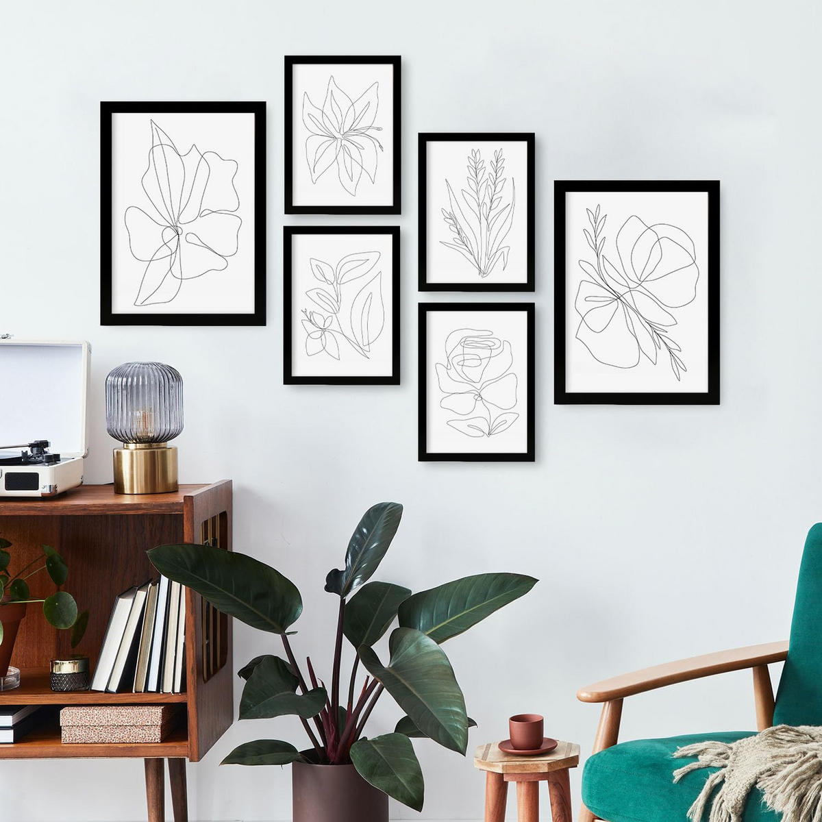 POSTER Set Mit 6 Blumenrahmen 1 Abstrakt Größe A3 & A4 Schwarzer Rahmen - Schwarz, Papier (29.7/1cm) - Nacnic