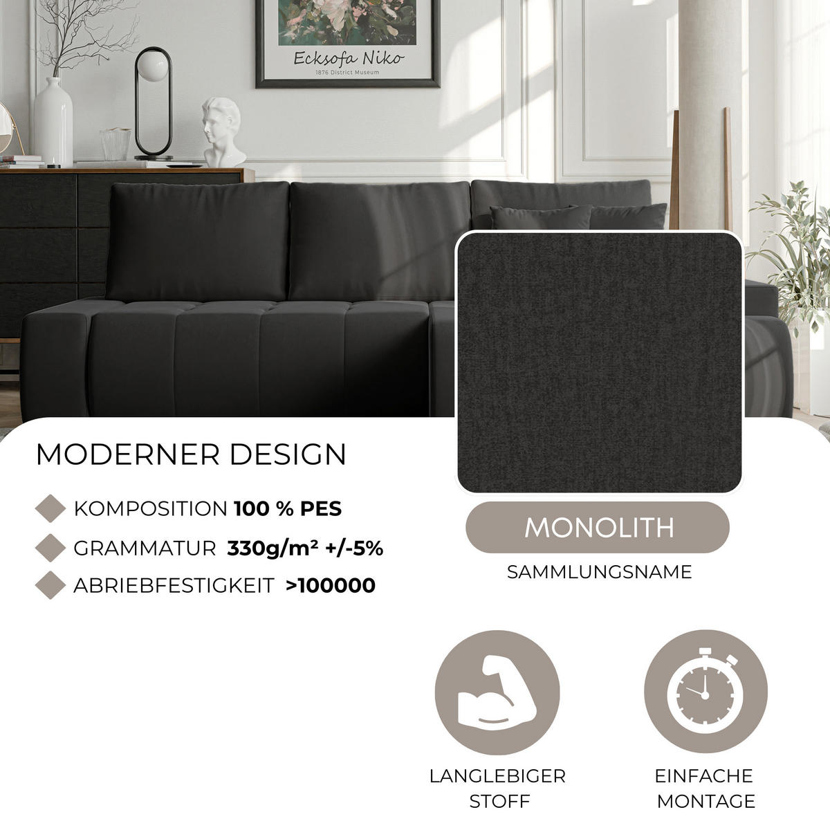 ECKSOFA NIKO Links, mit Schlaffunktion und Bettkasten, Anthrazit - Anthrazit, Textil (227/153cm) - Idohome