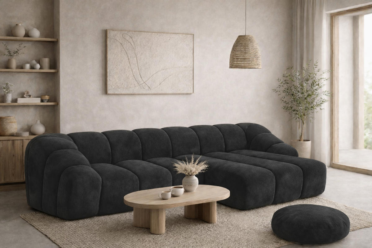 ECKSOFA Modulare L-Form, Veloursstoff Bluvel, Schwarz, Rechts, CROISSANT L - Schwarz, Holz (305/190cm) - Kaiser Möbel
