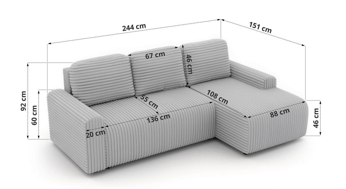 ECKSOFA NESSARO L Braun Cord - Links Seite - Schwarz/Braun, Kunststoff/Textil (244/151cm) - MKS