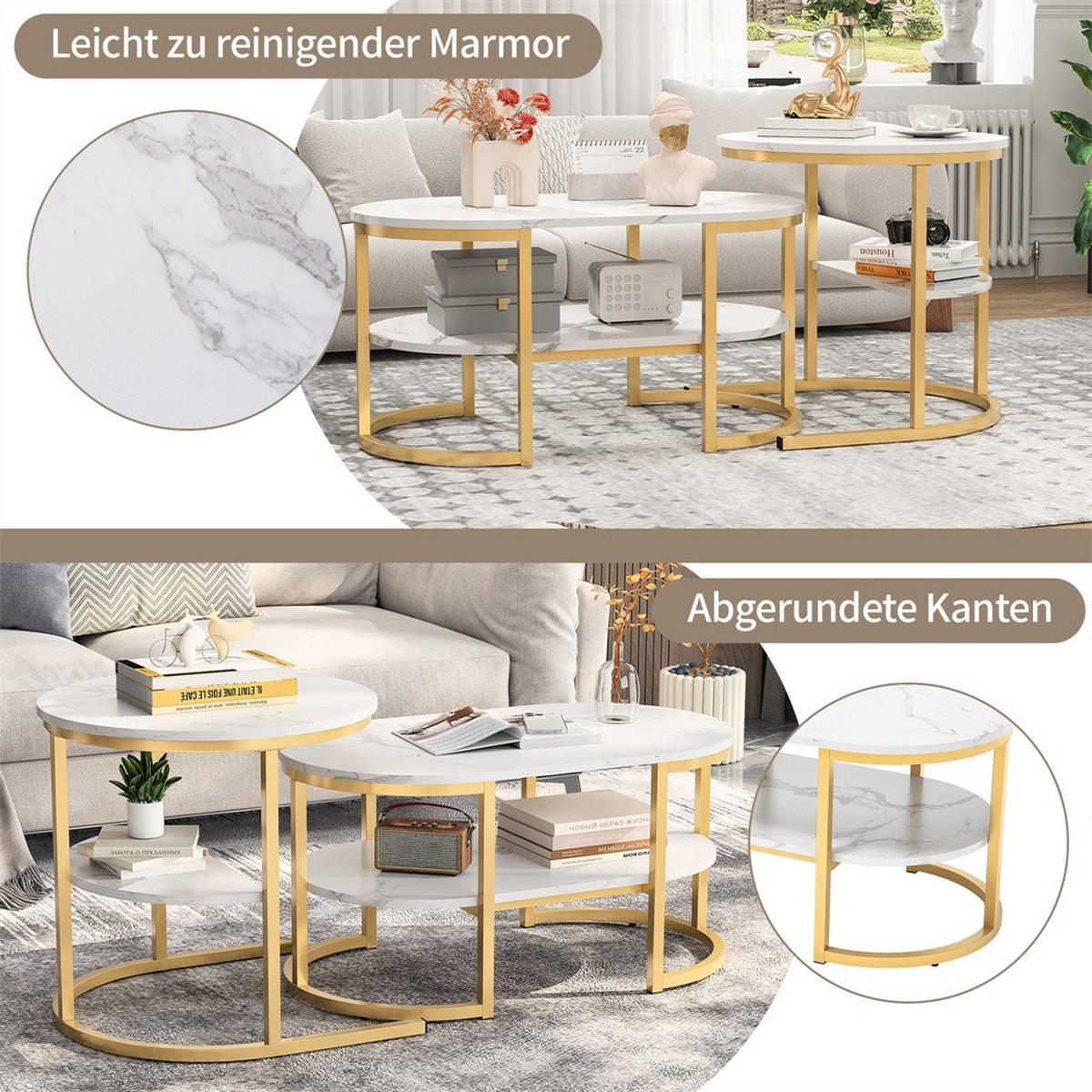 COUCHTISCH 2er-Set - Ovaler und Runder Couchtisch in Marmoroptik mit Ablage - Weiß und Gold - Goldfarben, Holzwerkstoff (46/80/41cm) - DELFA
