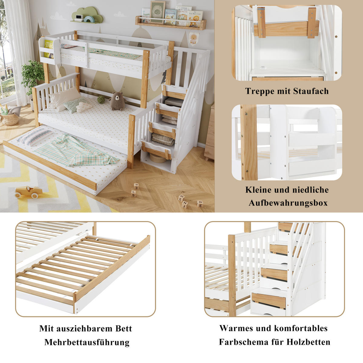 ETAGENBETT 90/120/200 cm mit Rollbett und Stauraumtreppe in Weiß/Natur - Weiß, Holz (90/200cm) - Flora Grace