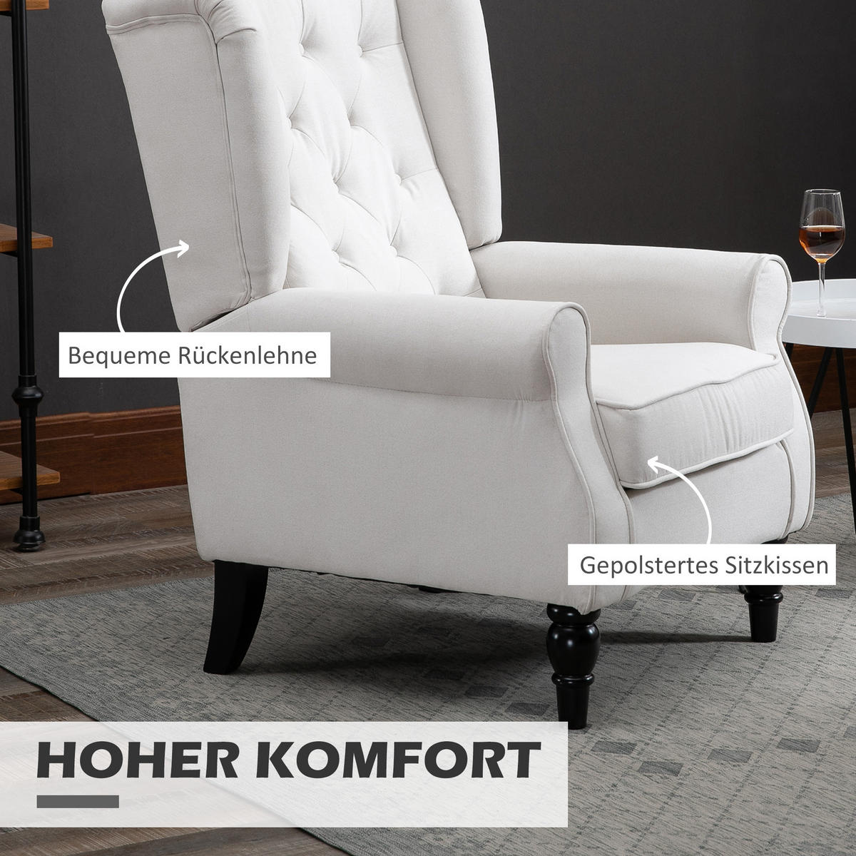 OHRENSESSEL Polyester, Holz, Cremeweiß - Creme/Schwarz, Holz/Textil (86/102/74cm) - HOMCOM