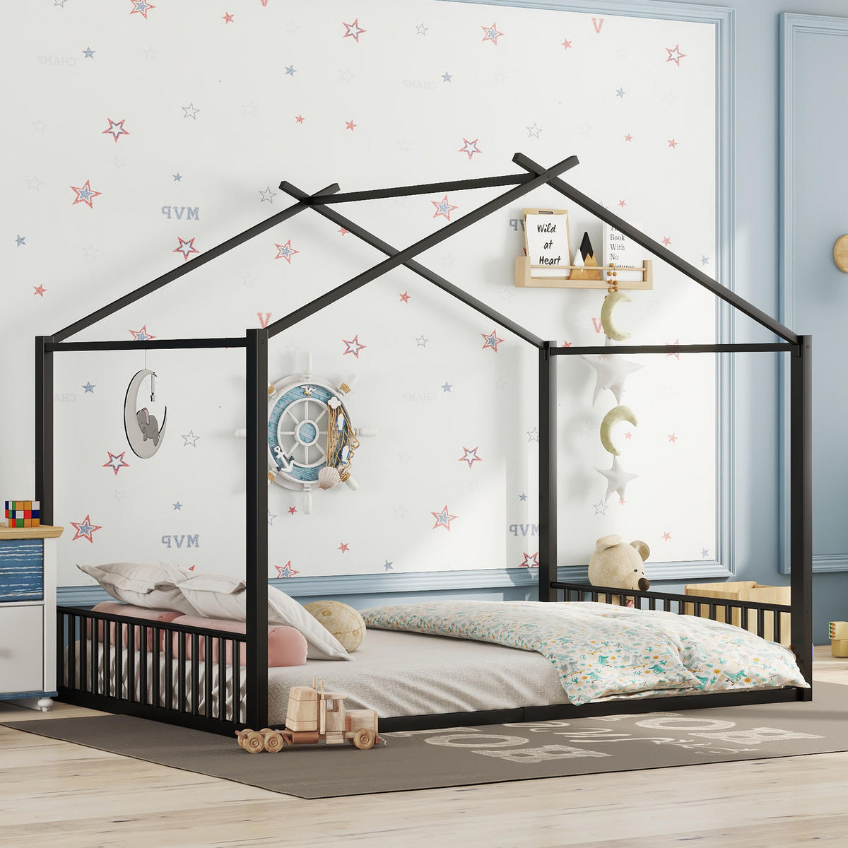 KINDERBETT aus Metall 140x200 cm Schwarz in Hausform mit 14 Lattenrosten - Schwarz, Metall (140/200cm) - IVMEU