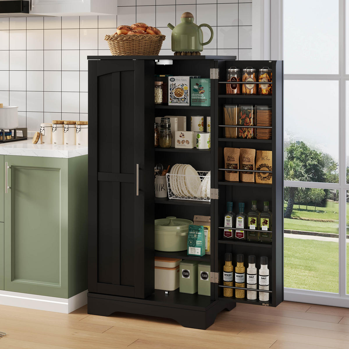 AUFBEWAHRUNGSSCHRANK 120x60x40cm Schwarz mit LED Licht & Wellentüren - Schwarz, Holzwerkstoff (40/120/60cm) - Modfu