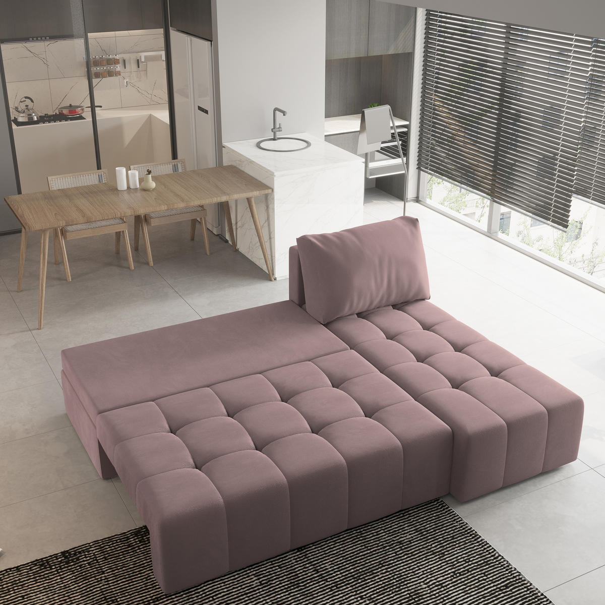 ECKSOFA DOMIRA Rosa Plüsch-Stoff mit Schlaffunktion - Rosa, Holz (200/141cm) - MASSENO