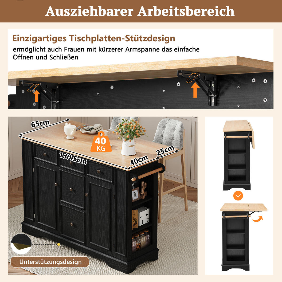 KÜCHENINSEL 130,5/40-65/92 cm schwarz mit klappbarer Arbeitsplatte und Ladestation - Schwarz, Holzwerkstoff (130.5/92/65cm) - OKWISH