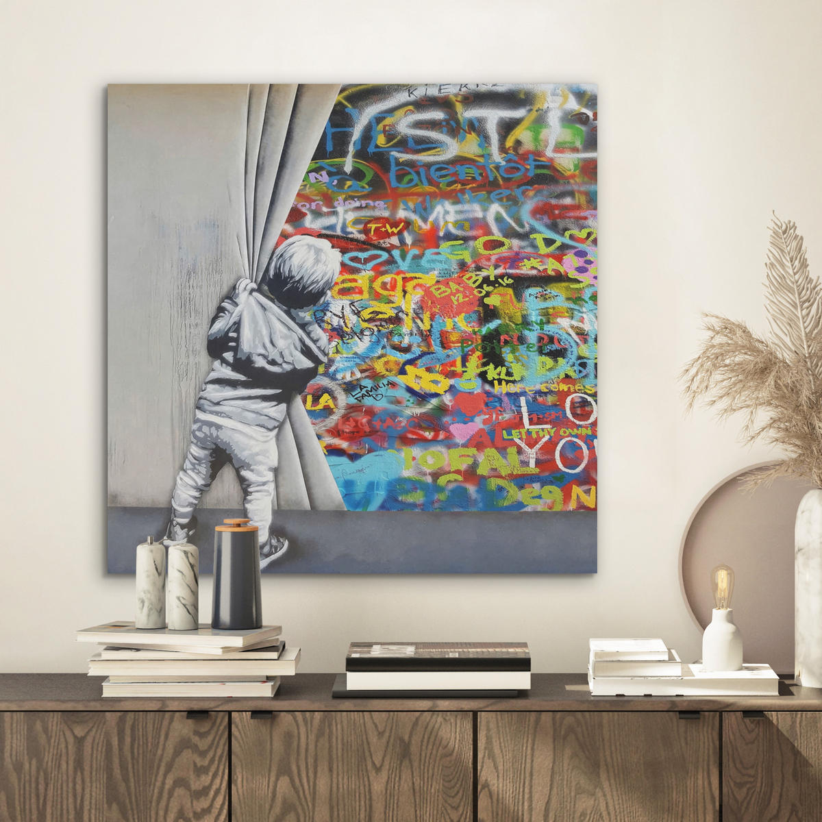 AKUSTIKBILD Graffiti - Junge - Ilussie - Straßenkunst Wandbilder 60x60 cm - Hellgrau, Kunststoff (60/60/0.9cm) - MuchoWow