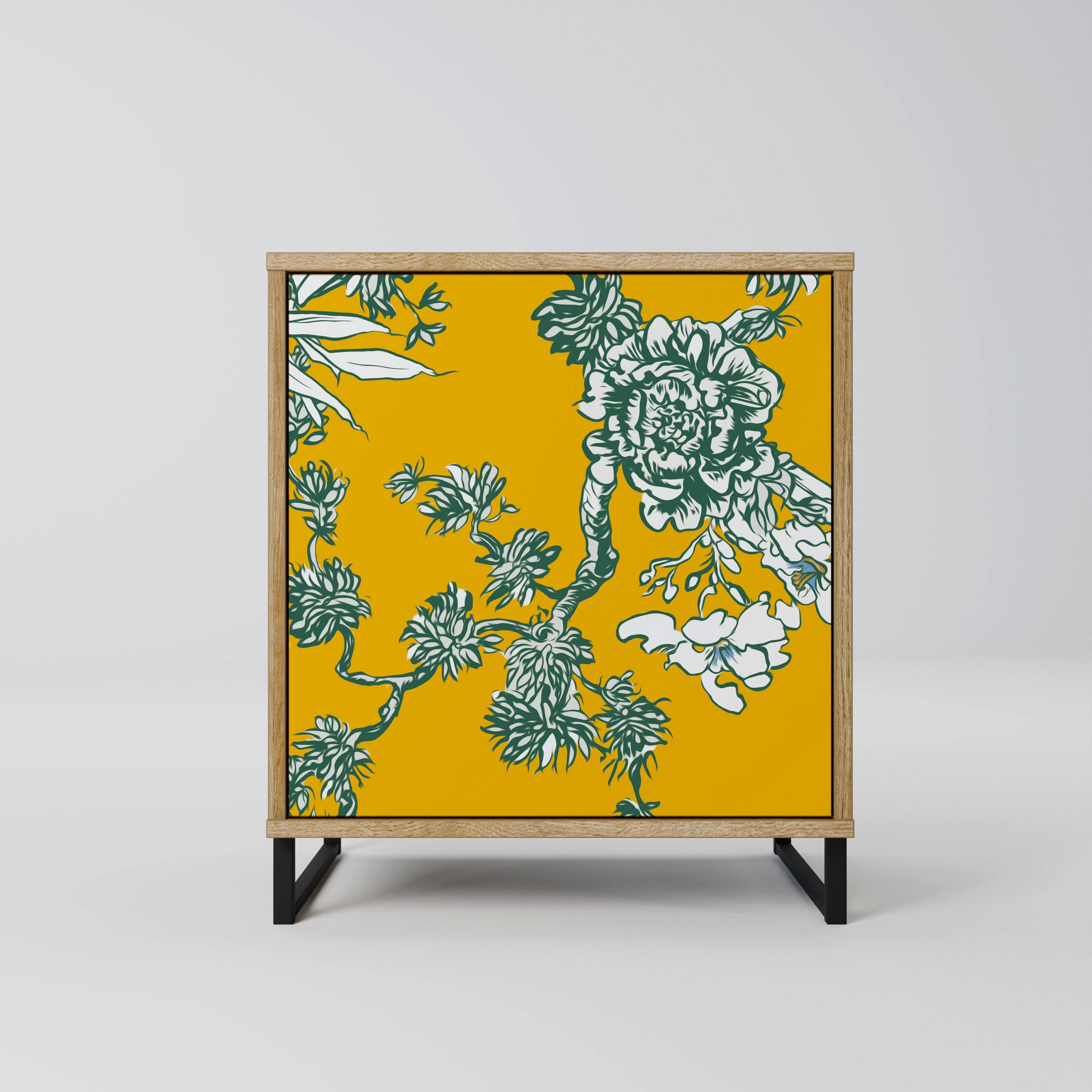 SIDEBOARD YELLOW CHINOISERIE, Eichefarben, 57,5x42x67,5 cm, Schwarze Metall-Rahmenfüße - Eichefarben/Multicolor, Holzwerkstoff/Metall (57.5/67.5/42cm) - SpaceRebels