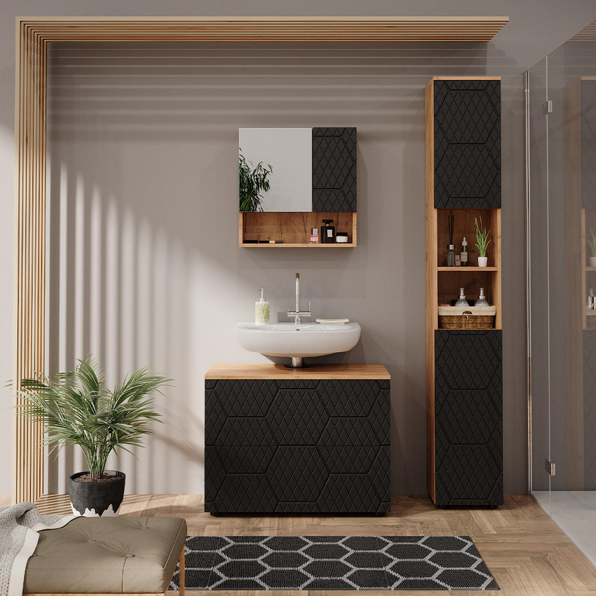 BADMÖBEL-SET Irma Anthrazit gestreift 3 Teile - Honigeiche/Anthrazit, Holzwerkstoff (80/58.6/41cm) - Vicco