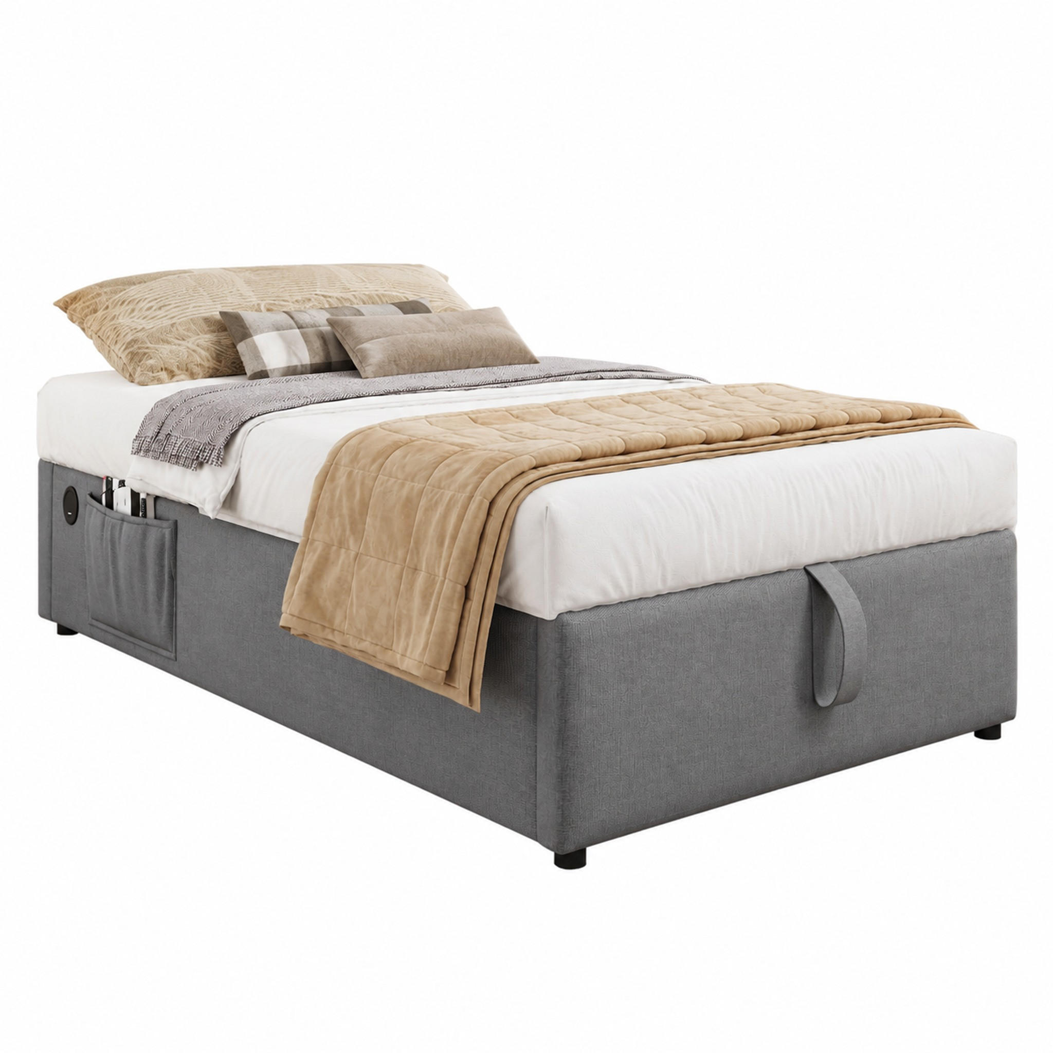 BETT mit Stauraum 90x200 cm Grau USB/Type-C - Grau, Metall (90/200cm) - Meubliv