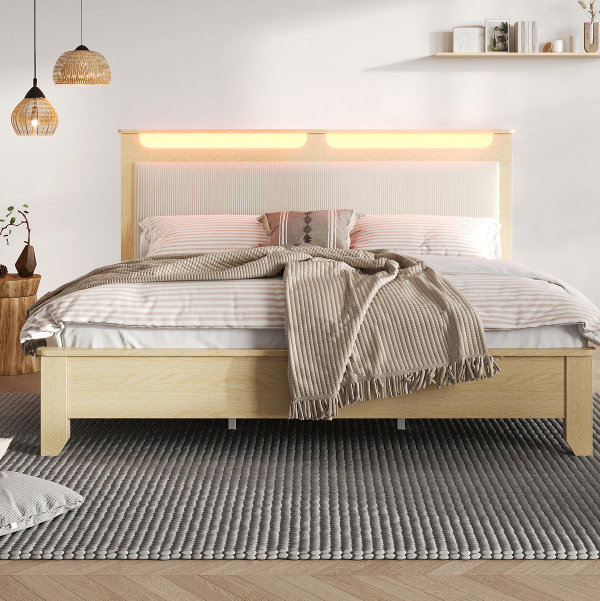 POSTELJA z okvirjem iz lesa in MDF 160x200 cm v barvi hrasta in bež s kordurojskim vzglavjem, LED osvetlitvijo in prostorom za shranjevanje - bež, tekstil (160/200cm) - Modfu