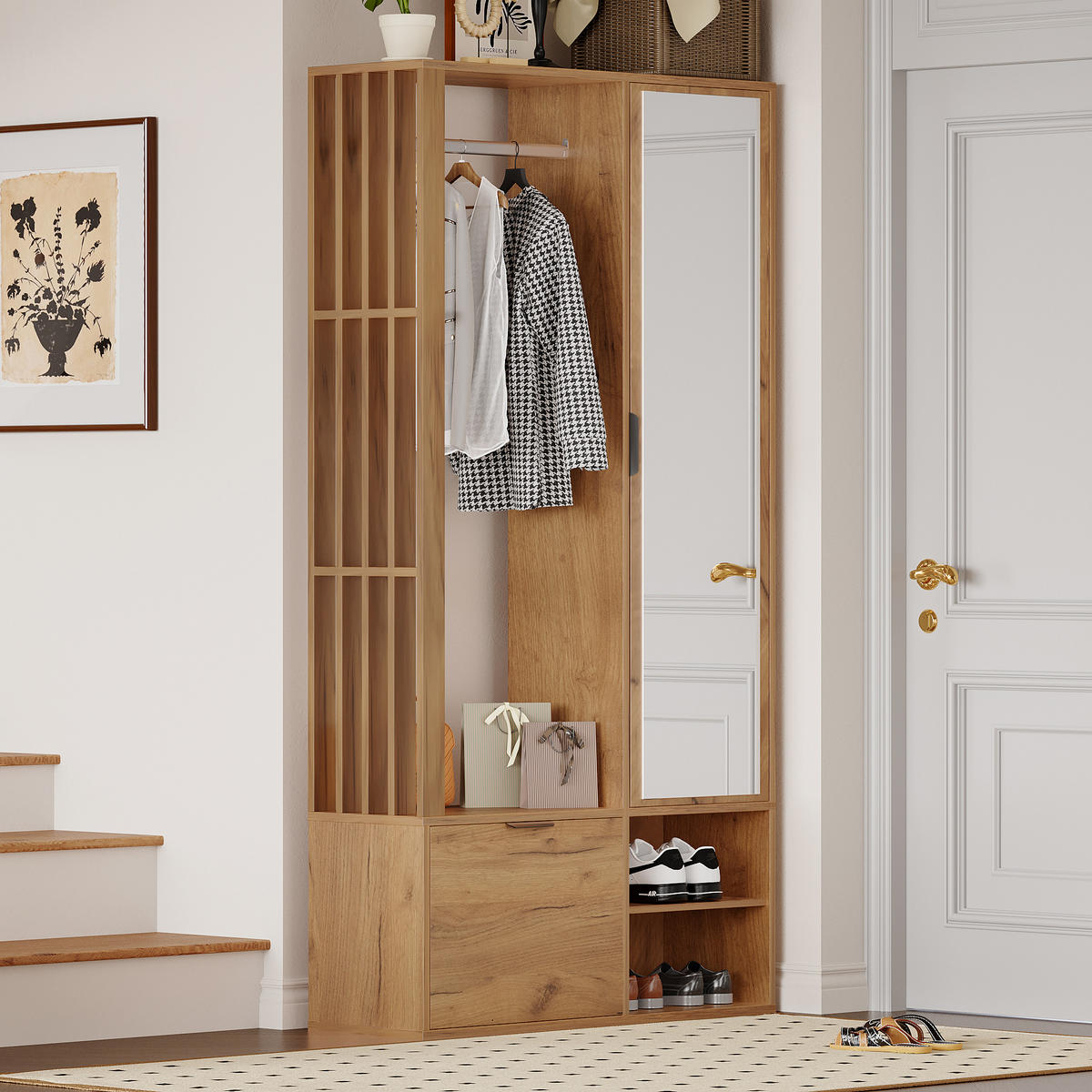 GARDEROBEN-SET in Naturfarben mit Wäscheständer und Spiegel für Flur, B100/T33/H190 cm - Naturfarben, Holzwerkstoff (100/190/33cm) - STILVORA