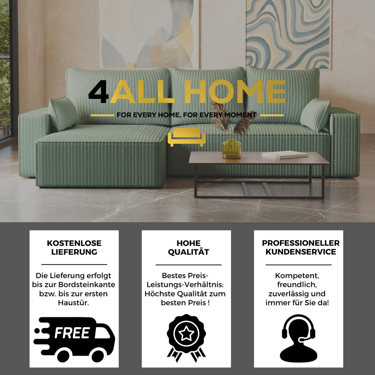 ECKSOFA Tobi mit Bettkasten und Schlaffunktion, L-Form/XL-Form, Cordstoff, Universal - Mintgrün, Holzwerkstoff (276/145cm) - 4ALL HOME