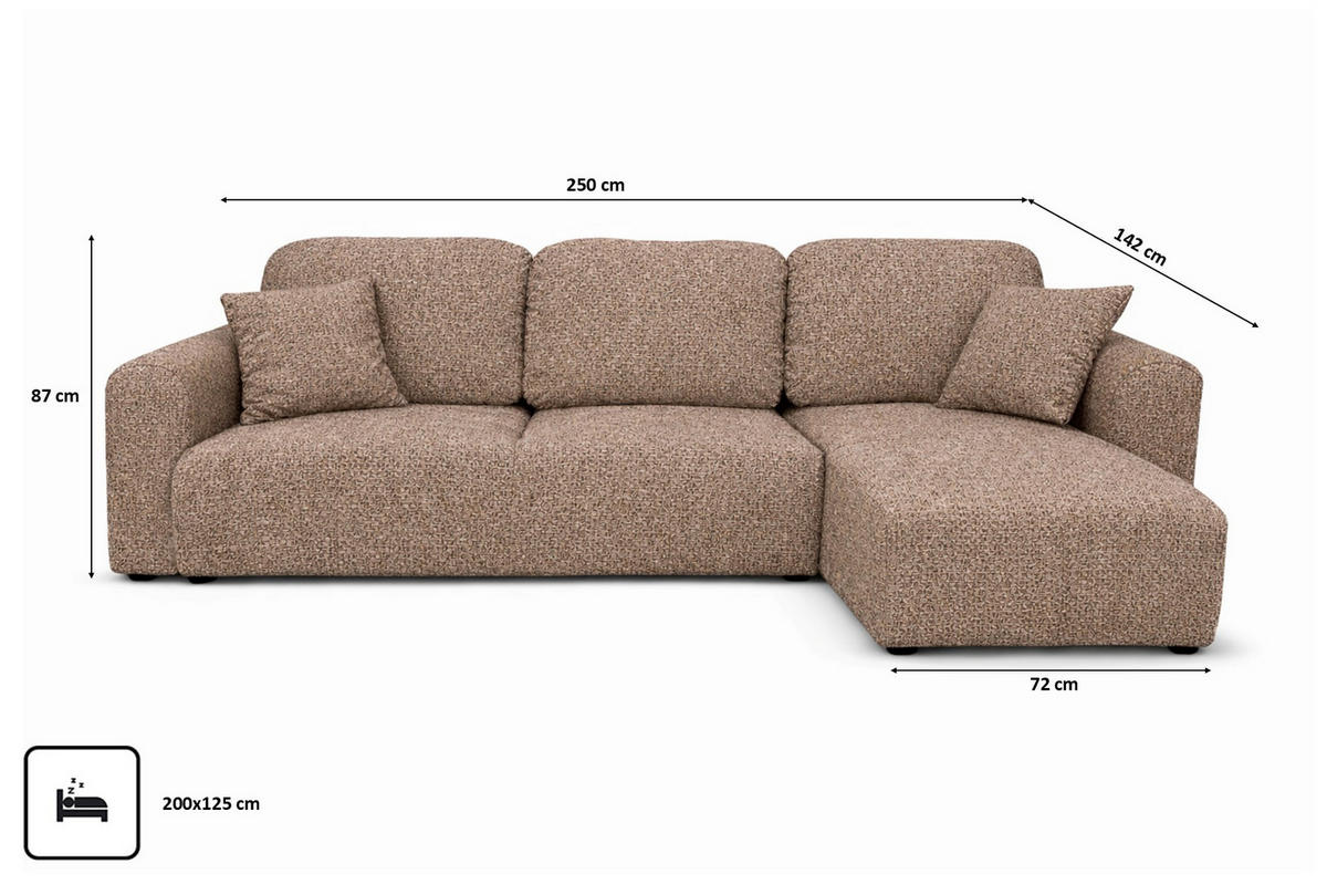 ECKSOFA Mit Schlaffunktion Und Bettkasten, Sofa L-Form Bingo L, Chenille-Stoff Artico, Beige, Rechts - Beige, Holz (250/142cm) - Kaiser Möbel