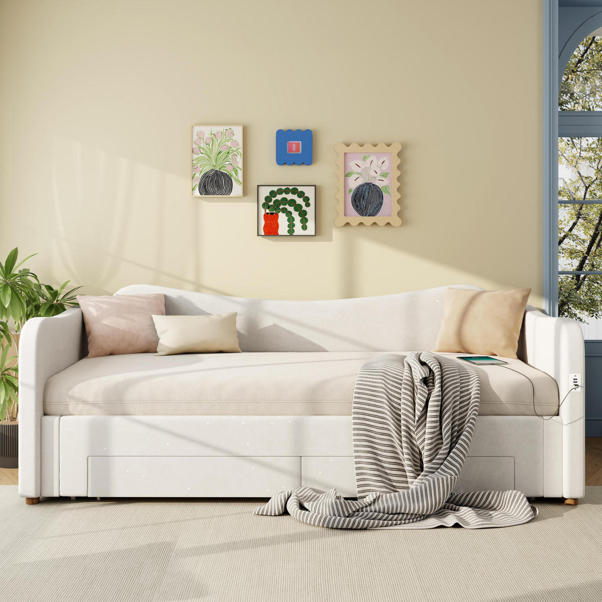 POLSTERBETT 90x200cm mit USB-Anschluss in Beige Samt - Beige, Holz/Textil (90/200cm) - KOMHTOM