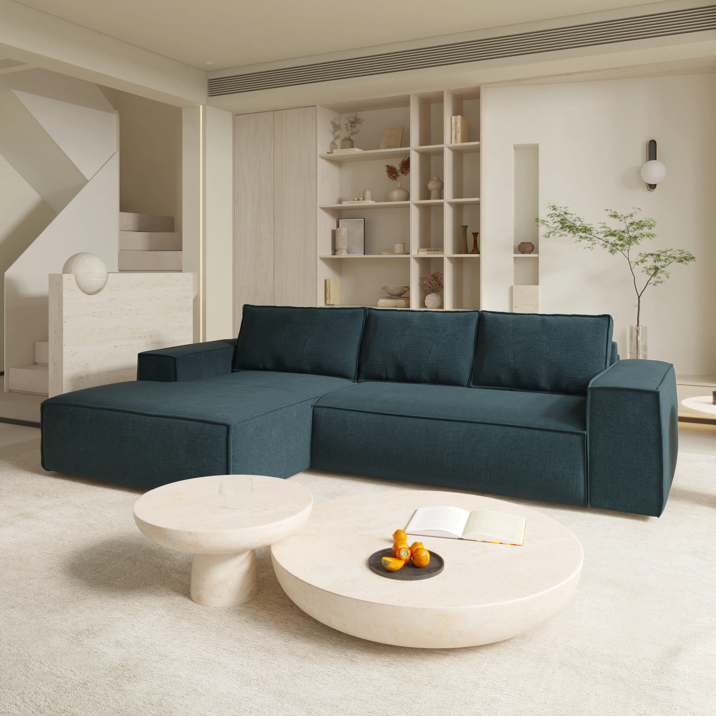ECKSOFA LINKS Samt Ozeanblau 302cm - Dunkelblau, Textil (165/302cm) - Sia Home