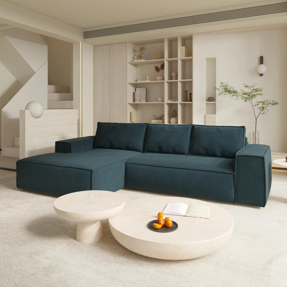 ECKSOFA LINKS Samt Ozeanblau 302cm - Dunkelblau, Textil (165/302cm) - Sia Home