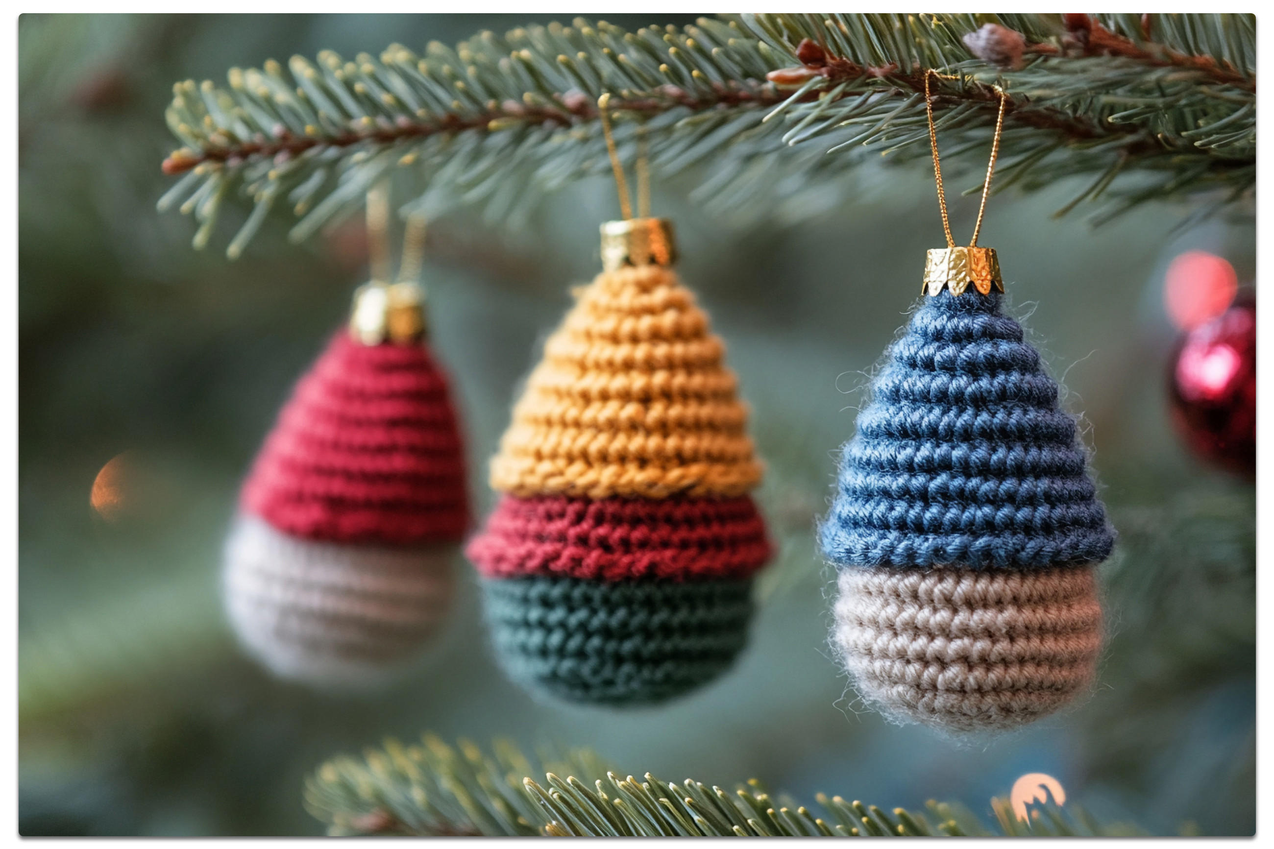 Drei DIY-Häkel-Weihnachtsornamente hängen festlich an einem Baum