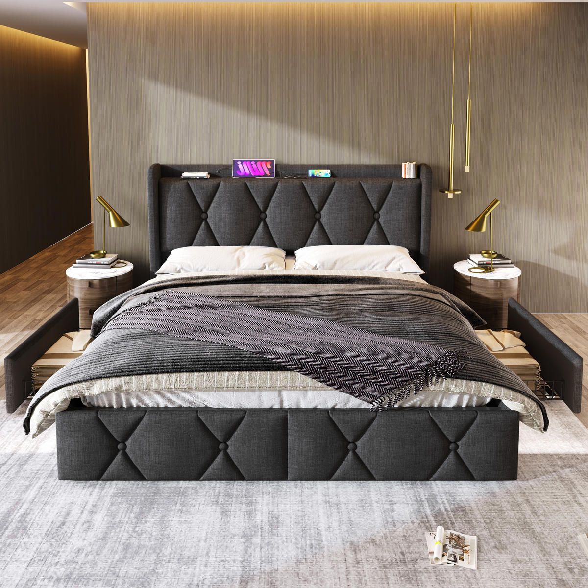 POLSTERBETT 140/200 cm mit 4 Schubladen und USB/Steckdosen, Grau - Grau, Textil (140/200cm) - BEAOK