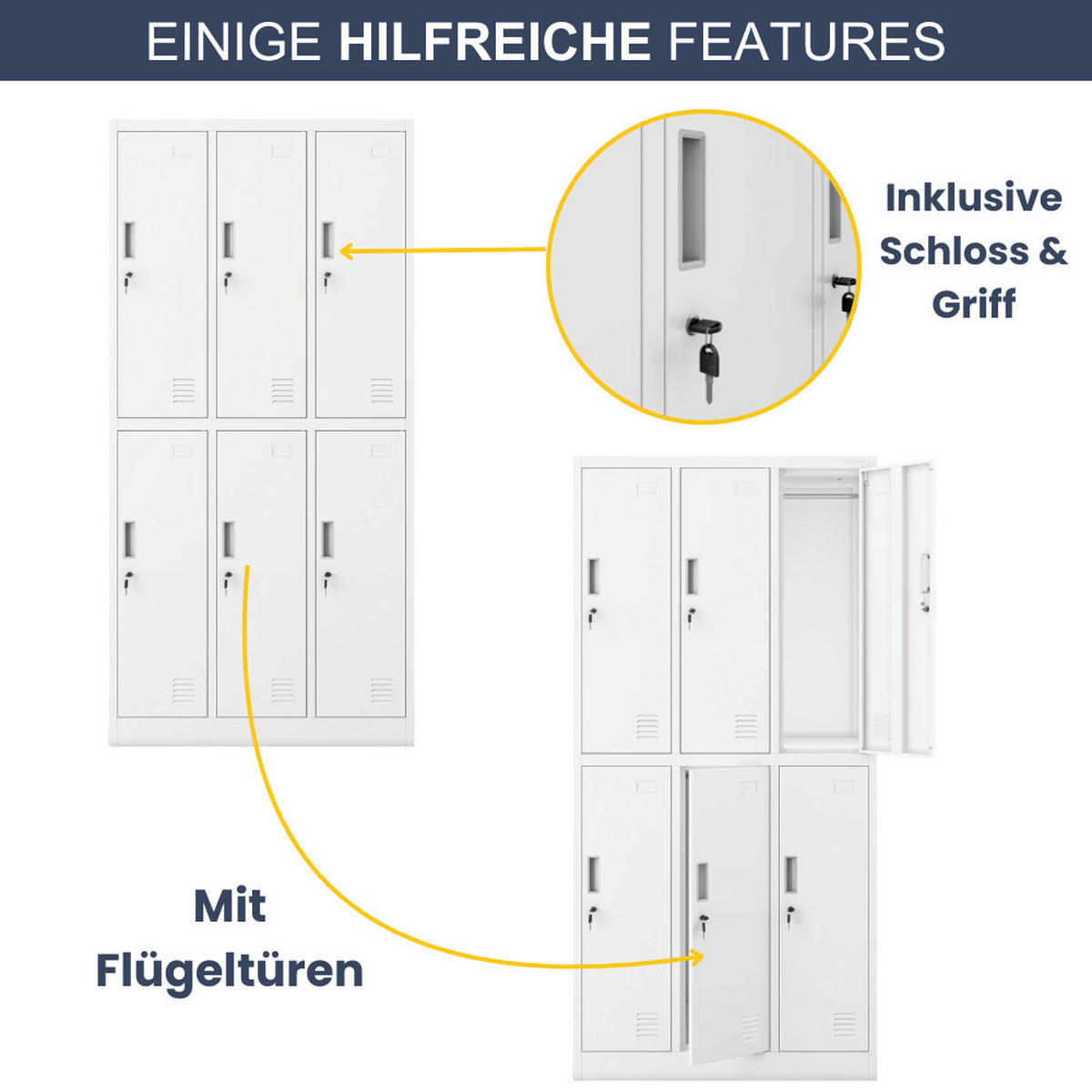 UMKLEIDESCHRANK Spind TOKIO 6 Abteile 185x90x45cm Weiß - Weiß, Metall (90/185/45cm) - DELUKE