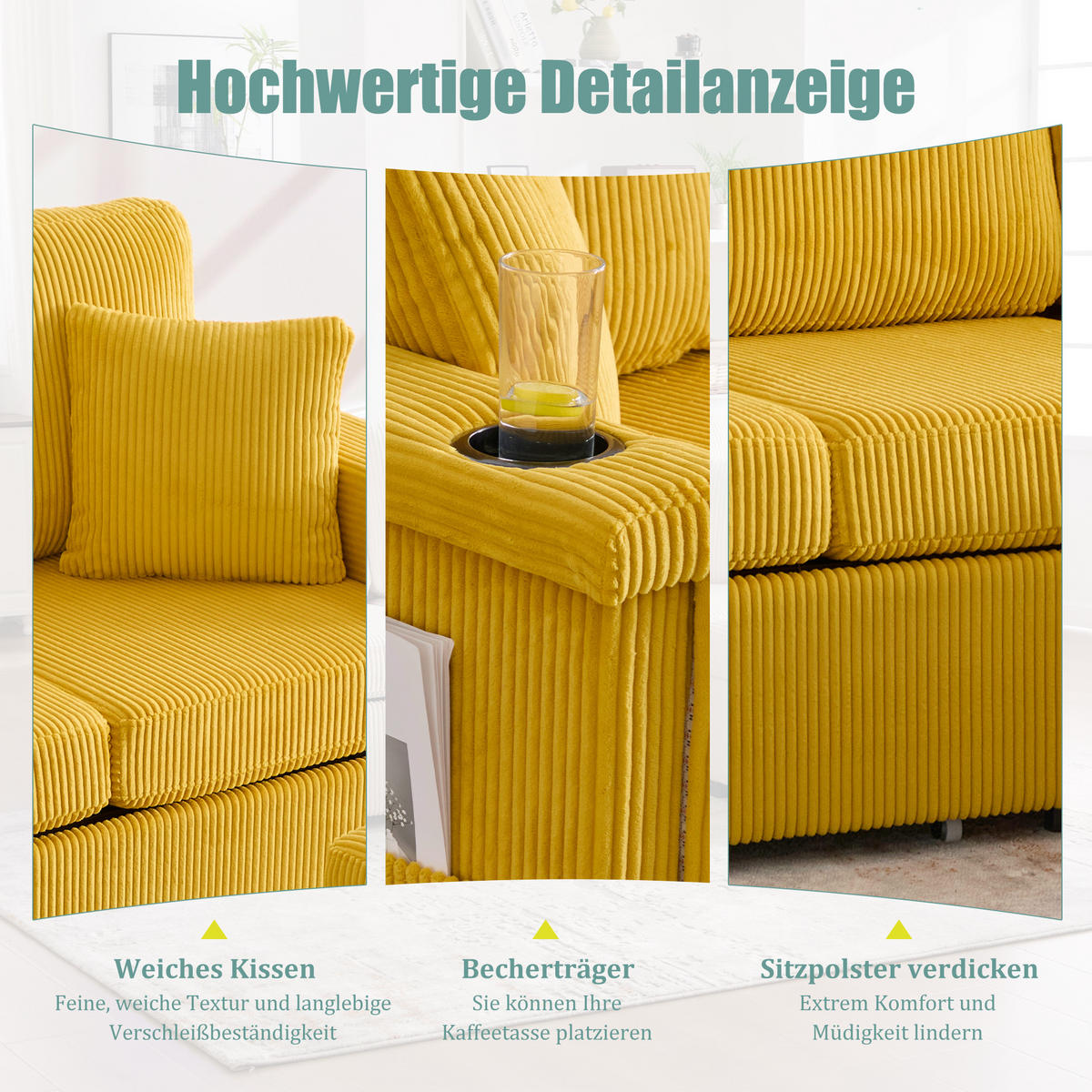 SOFA Corduroy mit LED und USB-Anschluss Stauraum-Schubladen 194/73/81 cm Gelb - Gelb, Textil (73/194cm) - Redom