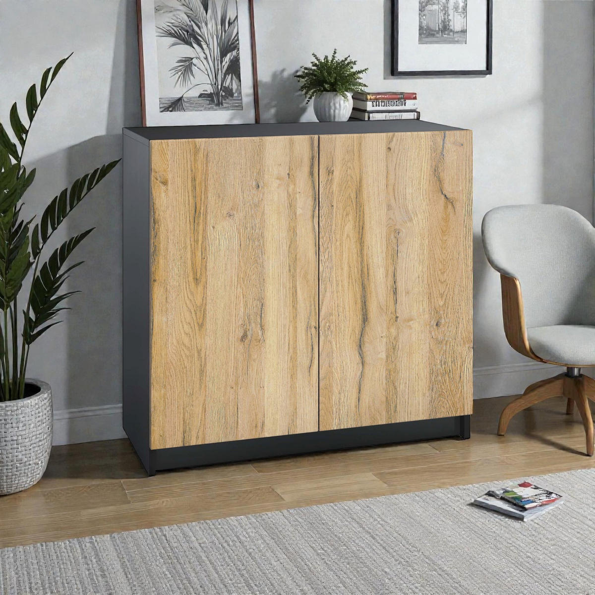 KOMMODE Elona, Büroschrank mit Soft-Close & Push-to-Open, Aktenschrank, Home Office & Büro, Schwarz/Eiche Natur (82 x 78 x 37 cm) - Eiche Wotan, Holzwerkstoff (82/78/37cm) - InnoFurn