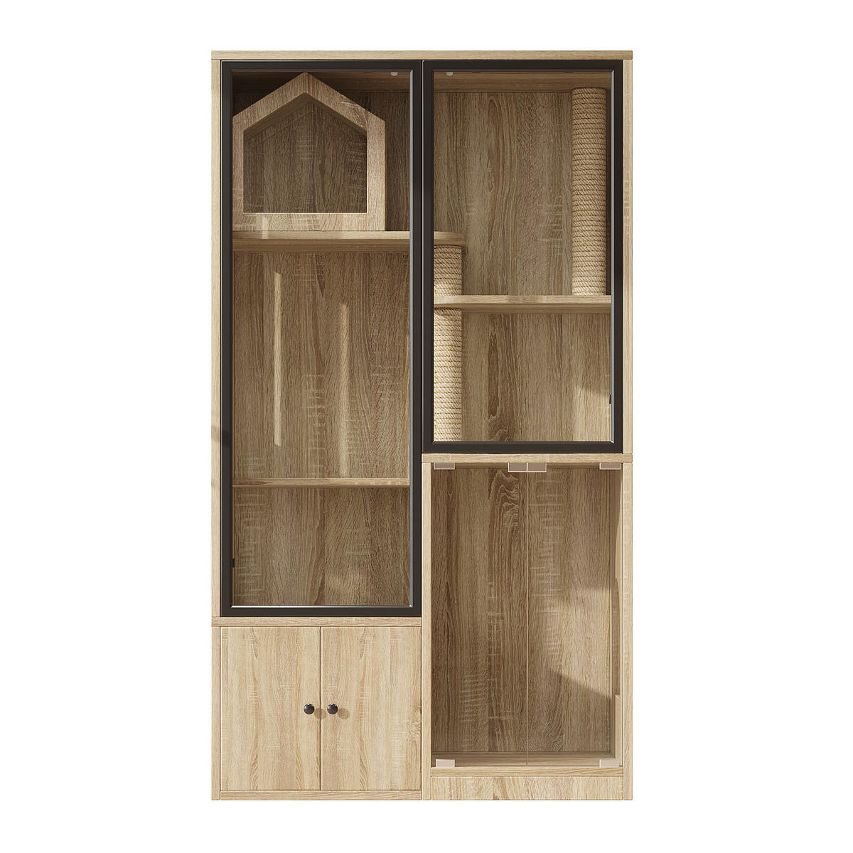 VITRINE Naturfarben aus MDF & Glas 90×50×160cm als Katzenvilla mit Panoramatür und Kratzpfosten - Naturfarben, Holzwerkstoff (50/160/90cm) - Luhomfu