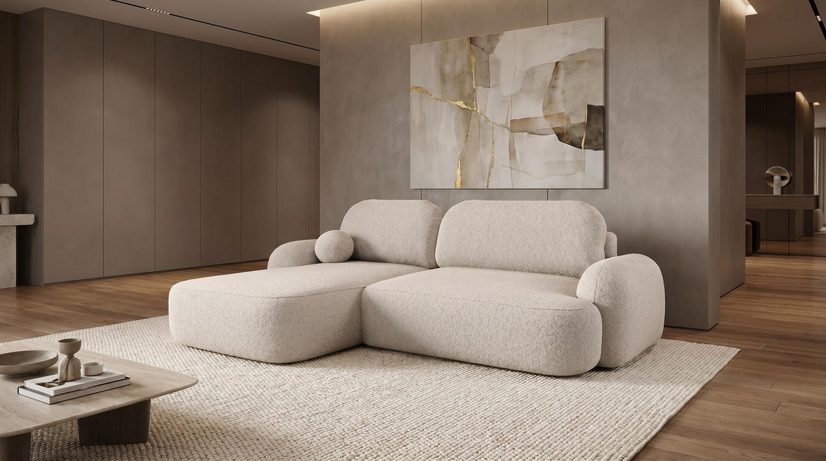 ECKSOFA MIVARO Schlaffsofa Boucle Weiß (LINKS) - Beige, Textil (176/276cm) - Luxkor24