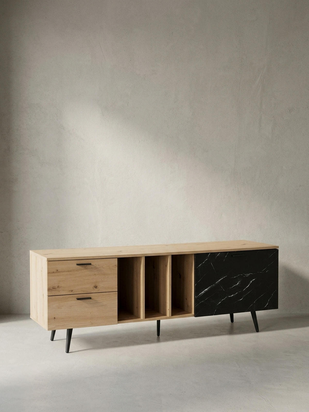 TV-LOWBOARD mit Eiche-Dekor, Tür und Schubladen, kompakte Aufteilung, Braun-Schwarz/Marmoroptik 150x40x55 cm - Anthrazit/Schwarz, Holzwerkstoff/Metall (150/55/40cm) - KADIMA DESIGN