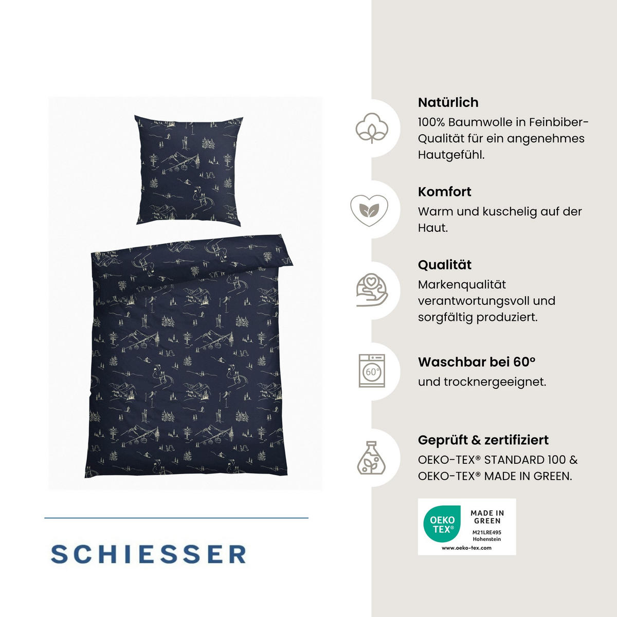 BETTWÄSCHESET Skiing - Feinbiber - 2-teilig - 135x200 cm - Dunkelblau - Dunkelblau, Textil (135/200cm) - SCHIESSER