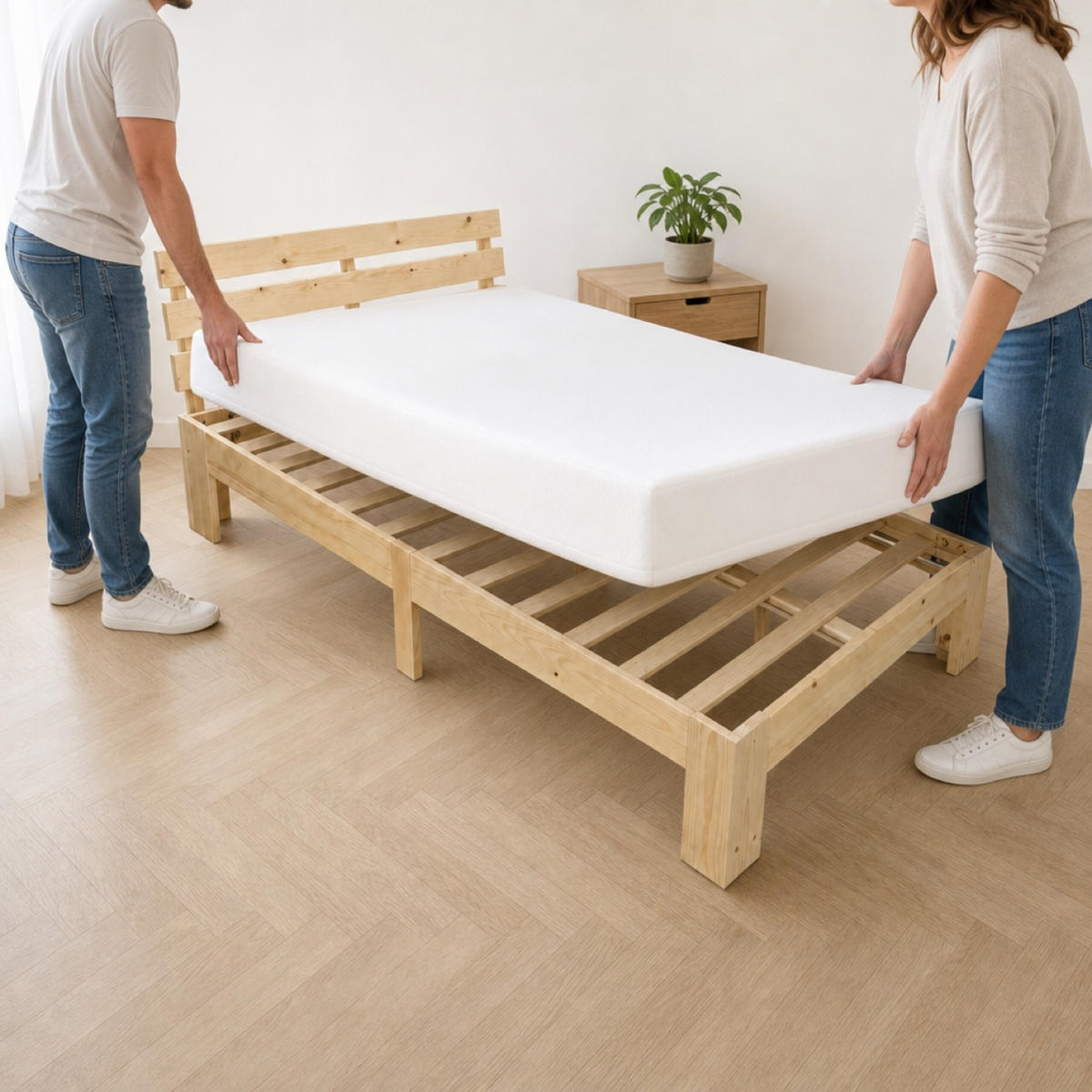 POSTEĽ Prírodná masívne drevo s roštom 120x200 cm - svetlohnedá, drevo - Relaxdays